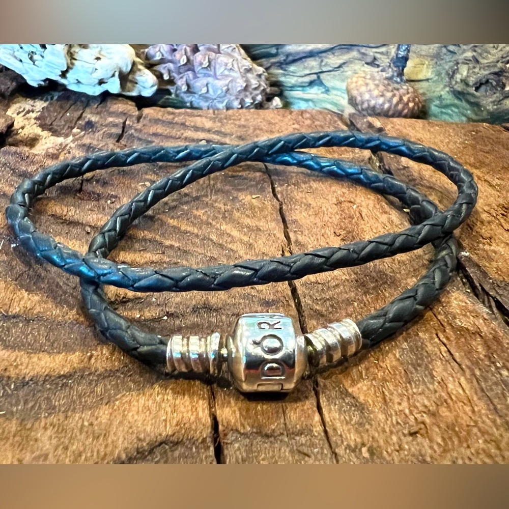 Authentic Pandora Necklace Bracelet Black Double Wrap Leather Braided Barrel L